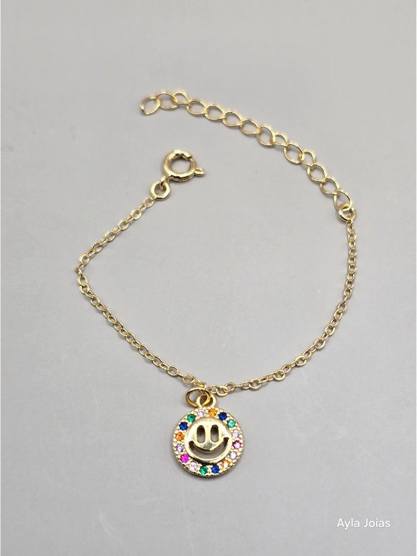 Pulseira Infantil Carinha Cravejada Color – Banhada a Ouro