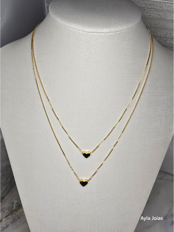 Colar Duplo Coração Liso Banhado a Ouro 18K