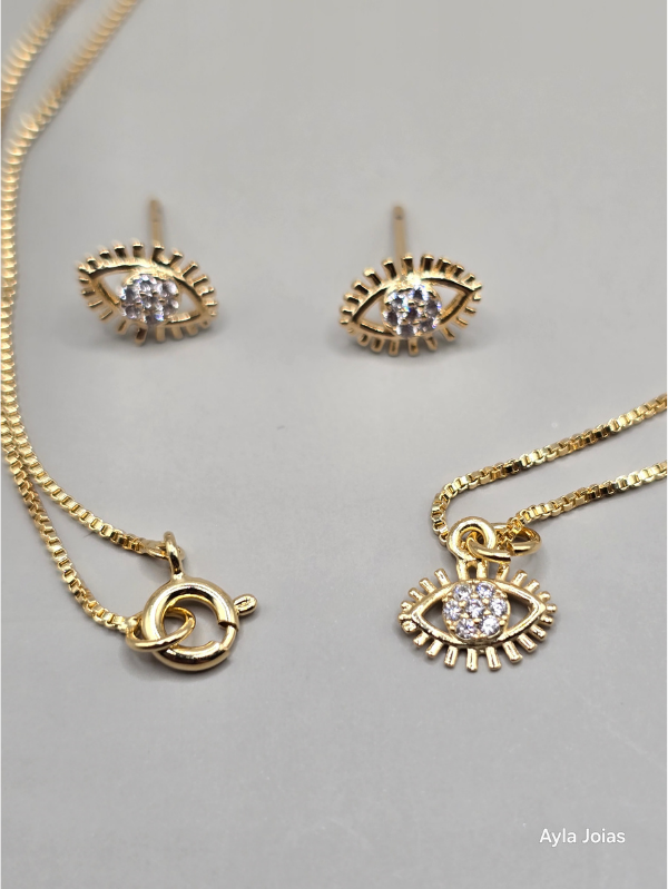 Conjunto Minimalista Mini Olho Cravejado – Banhado em Ouro 18K