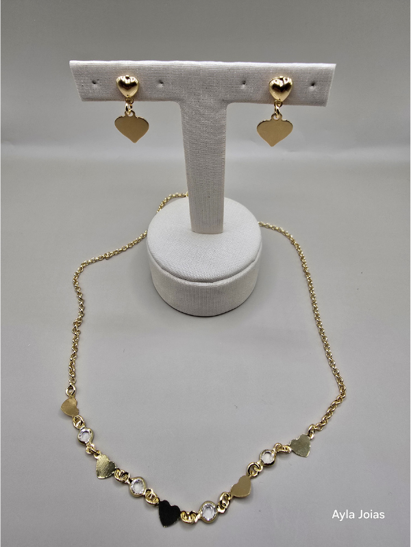 Conjunto Infantil Corações com Pedra de Vidro 4mm