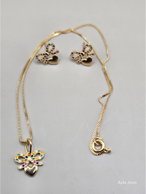 Conjunto Infantil Laço Cravejado com Coração Banhado em Ouro 18K - Imagem 3