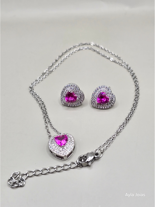 Conjunto Colar Rubi + Brincos – Banhado em Ródio Branco - Imagem 4
