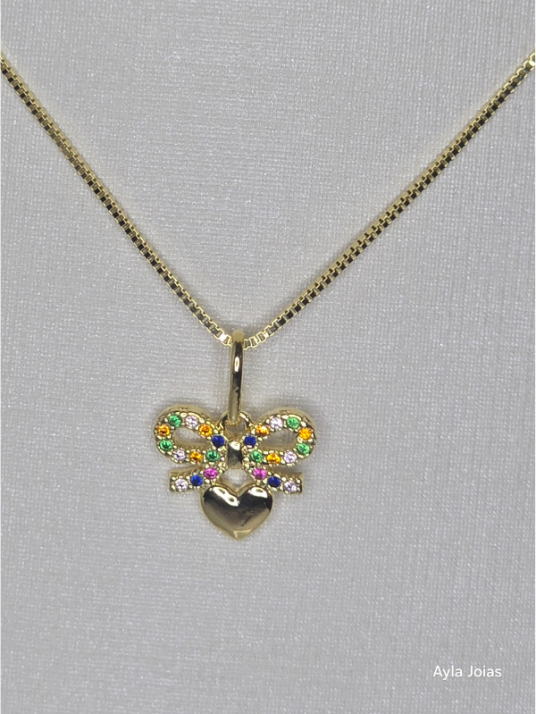 Conjunto Infantil Laço Cravejado com Coração  Banhado em Ouro 18K