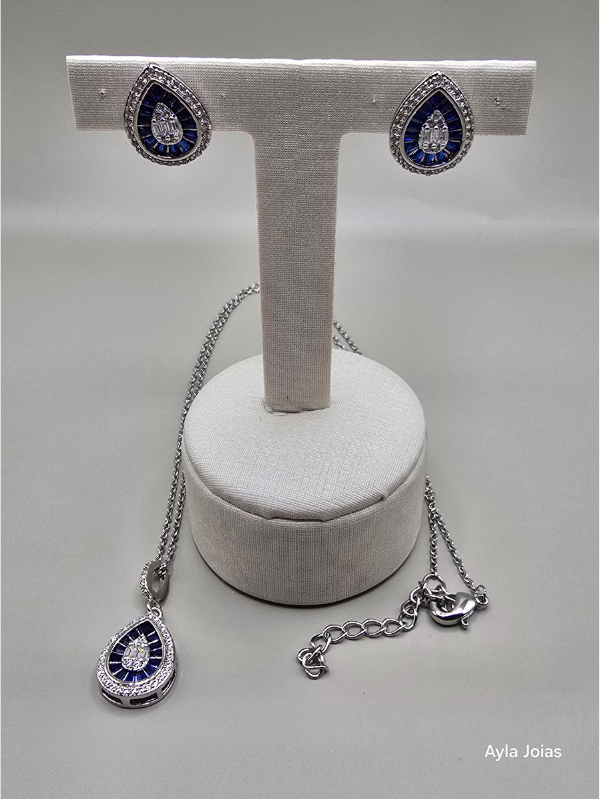 Conjunto Gota com Zircônia – Colar e Brincos Banhados em Ródio Branco - Imagem 2