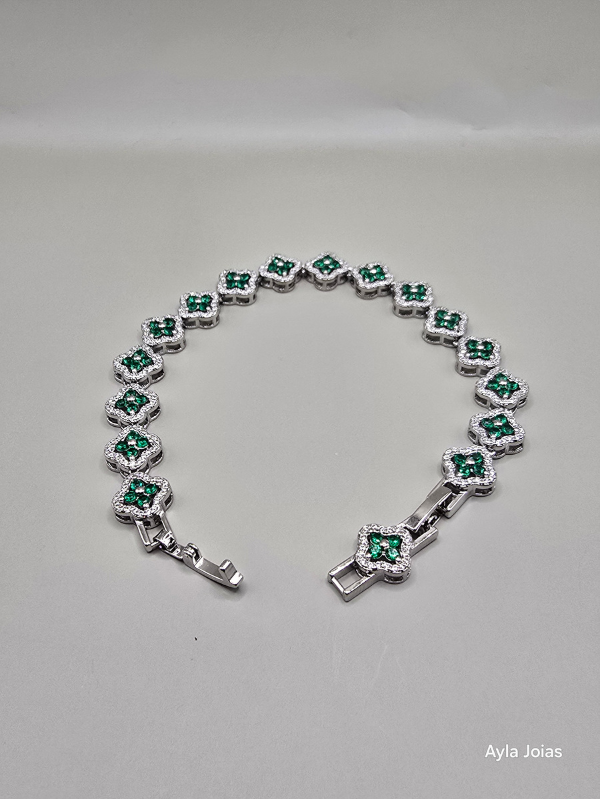 Pulseira Riviera Floral com Zircônias Verdes – Banhada em Ródio Branco