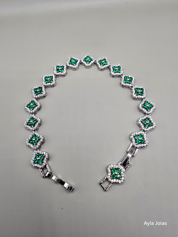 Pulseira Riviera Floral com Zircônias Verdes – Banhada em Ródio Branco - Imagem 2